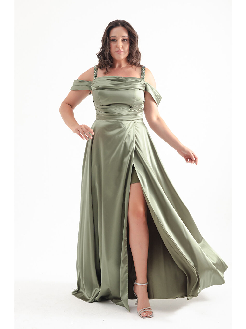 Kadın Haki Taş Askılı Drapeli Büyük Beden Uzun Abiye Elbise-1