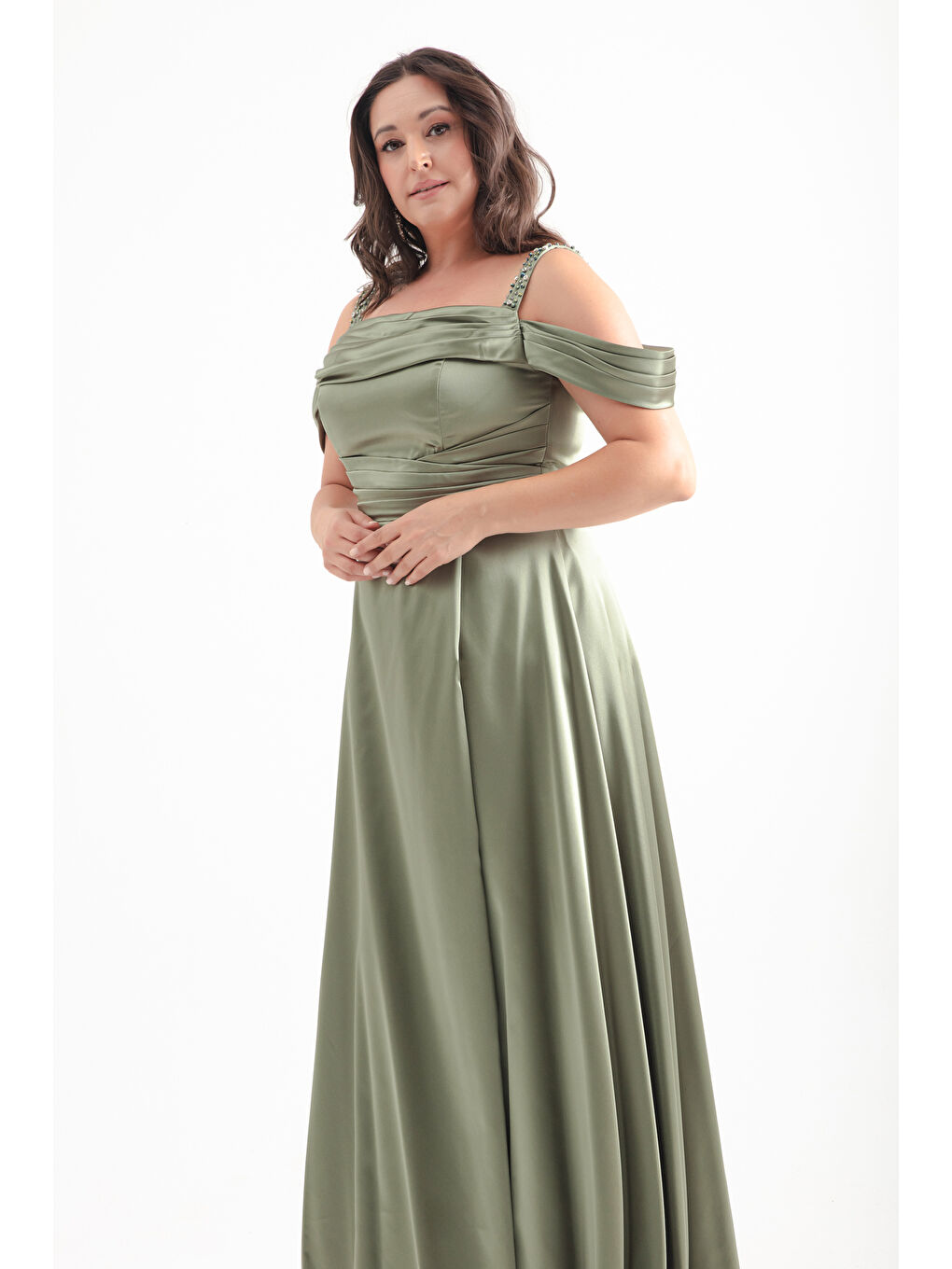 Kadın Haki Taş Askılı Drapeli Büyük Beden Uzun Abiye Elbise-2