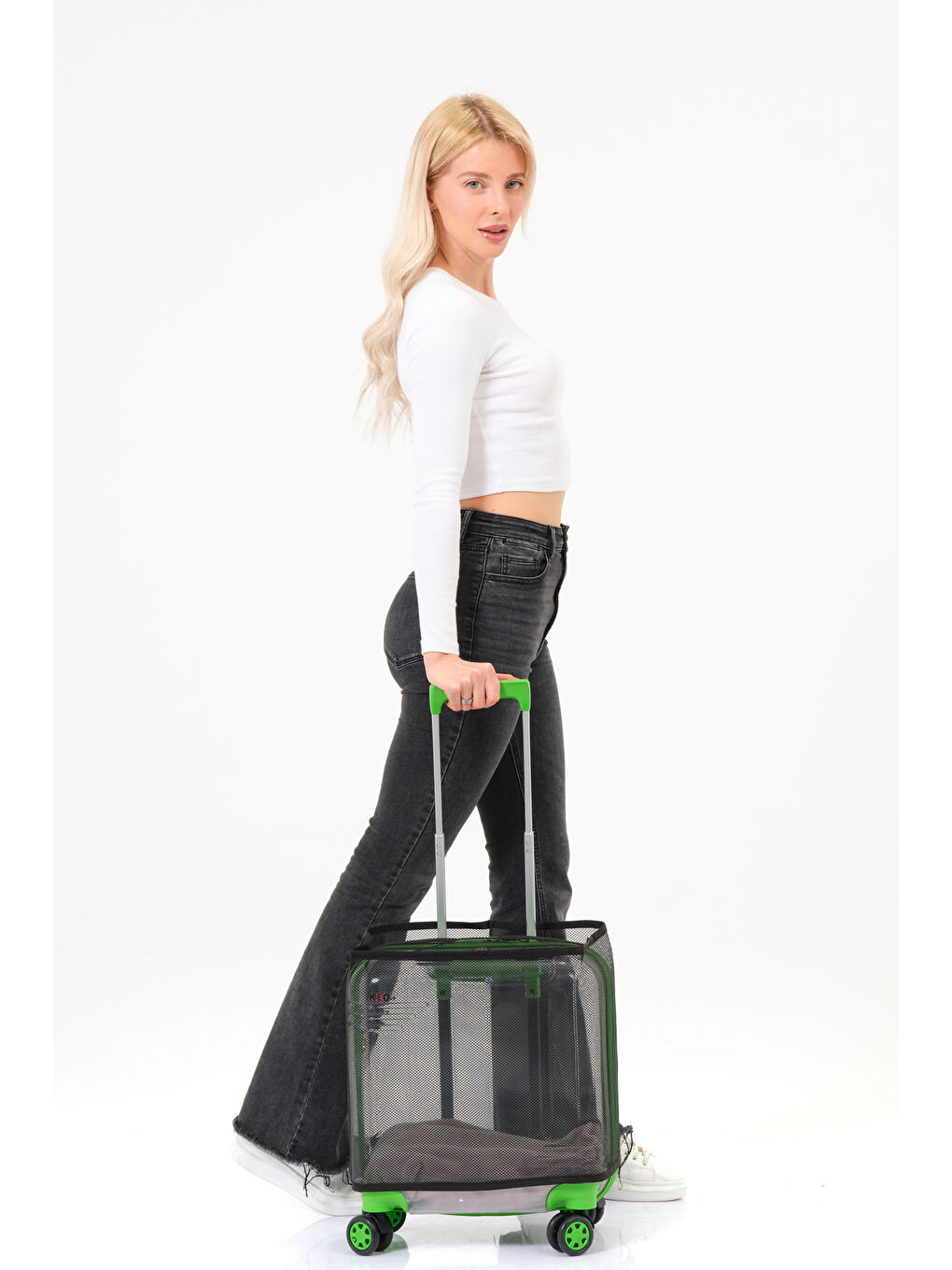 Şeffaf Evcil Hayvan Valizi Yeşil Aksesuarlı – 360° Döner Tekerlekli-1