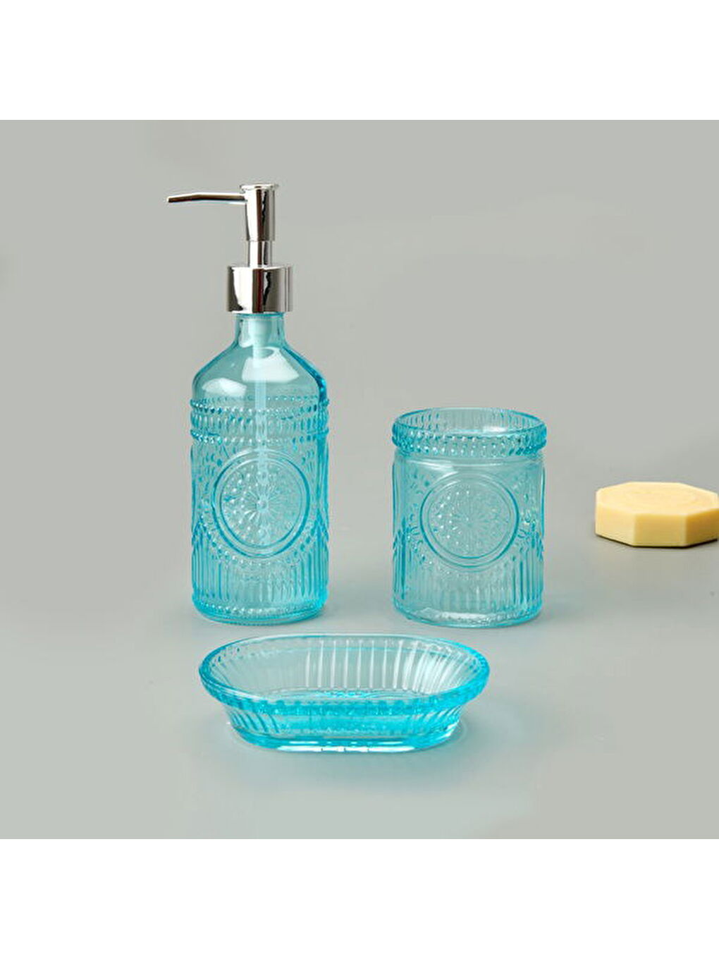 Bath 3'lü Cam Banyo Sıvı Sabunluk Seti - Mavi-2