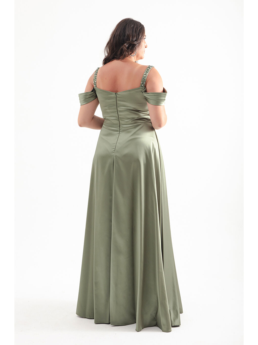 Kadın Haki Taş Askılı Drapeli Büyük Beden Uzun Abiye Elbise-4