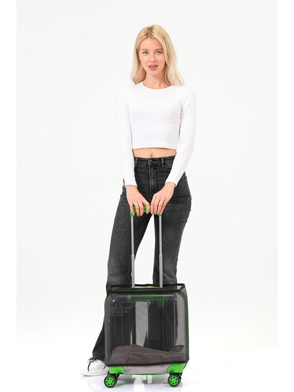 Şeffaf Evcil Hayvan Valizi Yeşil Aksesuarlı – 360° Döner Tekerlekli-3