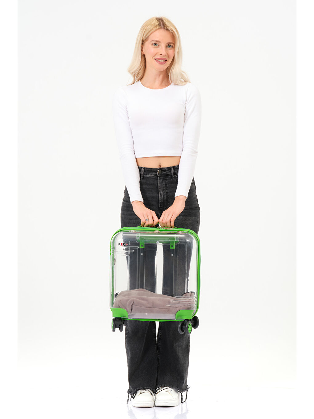 Şeffaf Evcil Hayvan Valizi Yeşil Aksesuarlı – 360° Döner Tekerlekli-6