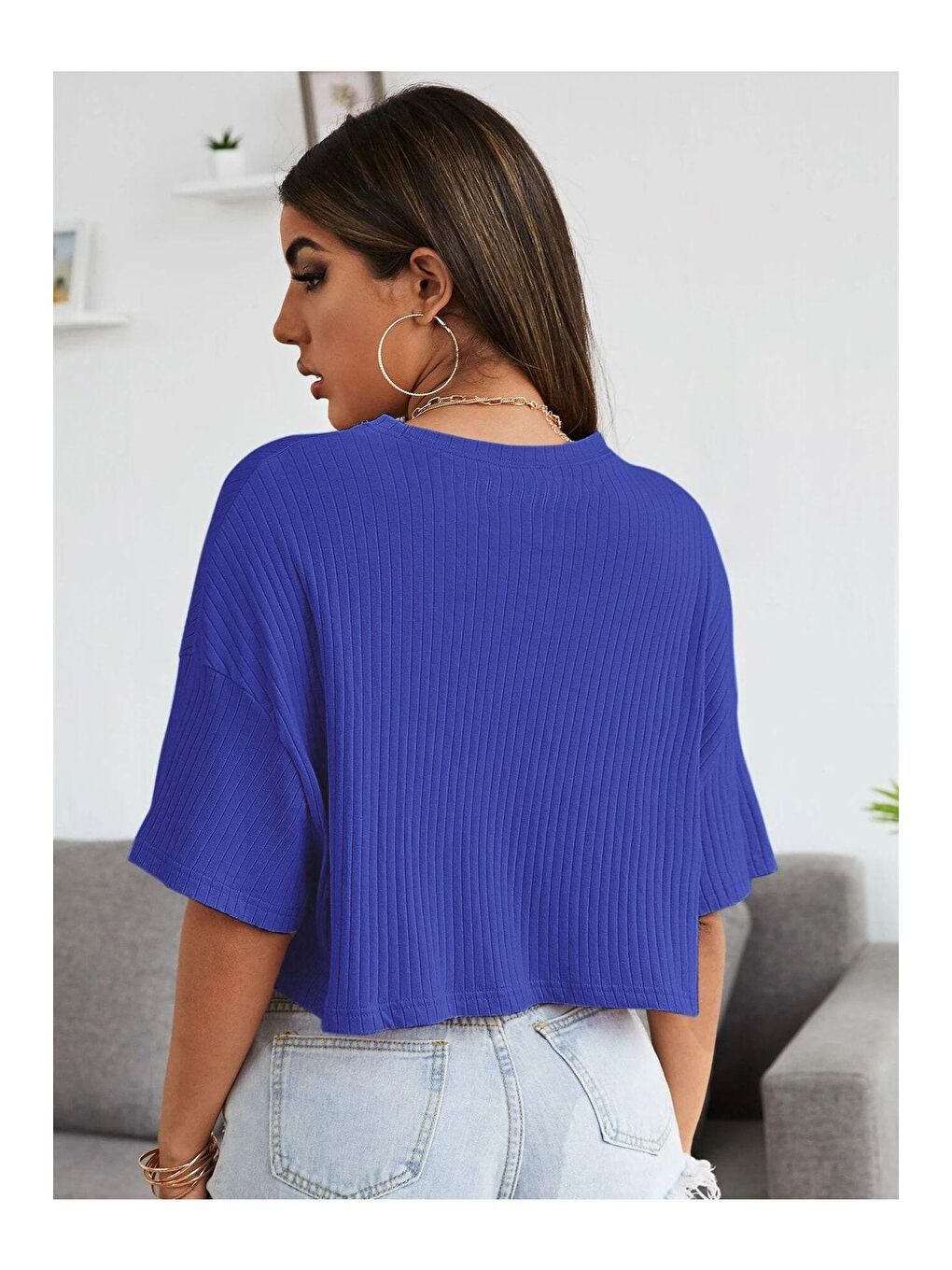 Trendseninle Lacivert Kadın Lacivert Oversize Fitilli Bel Crop Bluz - 3