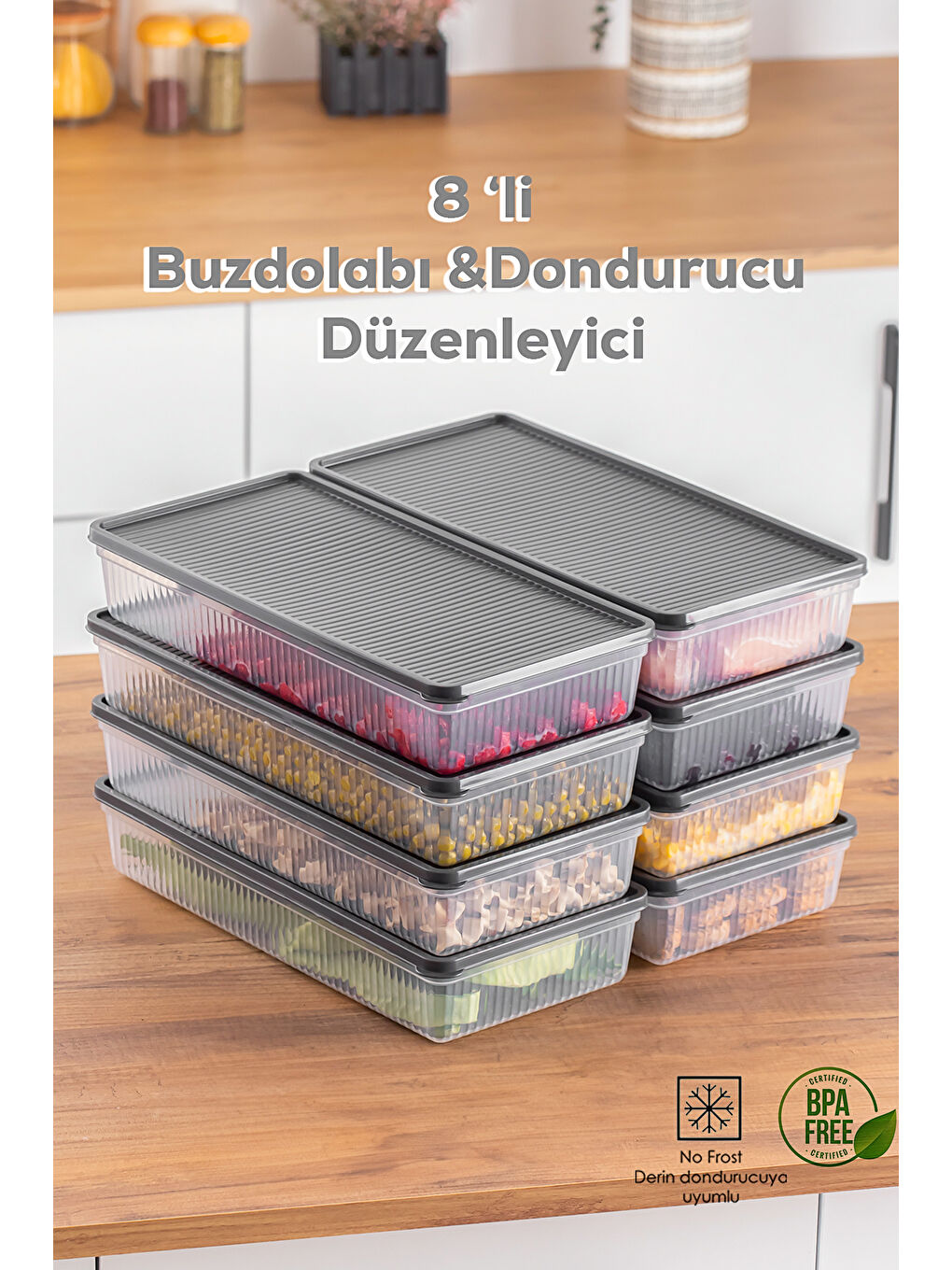 Porsima Şeffaf 1101 8 Li Buzdolabı Organizer Mikrodalga Ve Derin Dondurucuya Uygun Buzluk Saklama Kabı - Antrasit