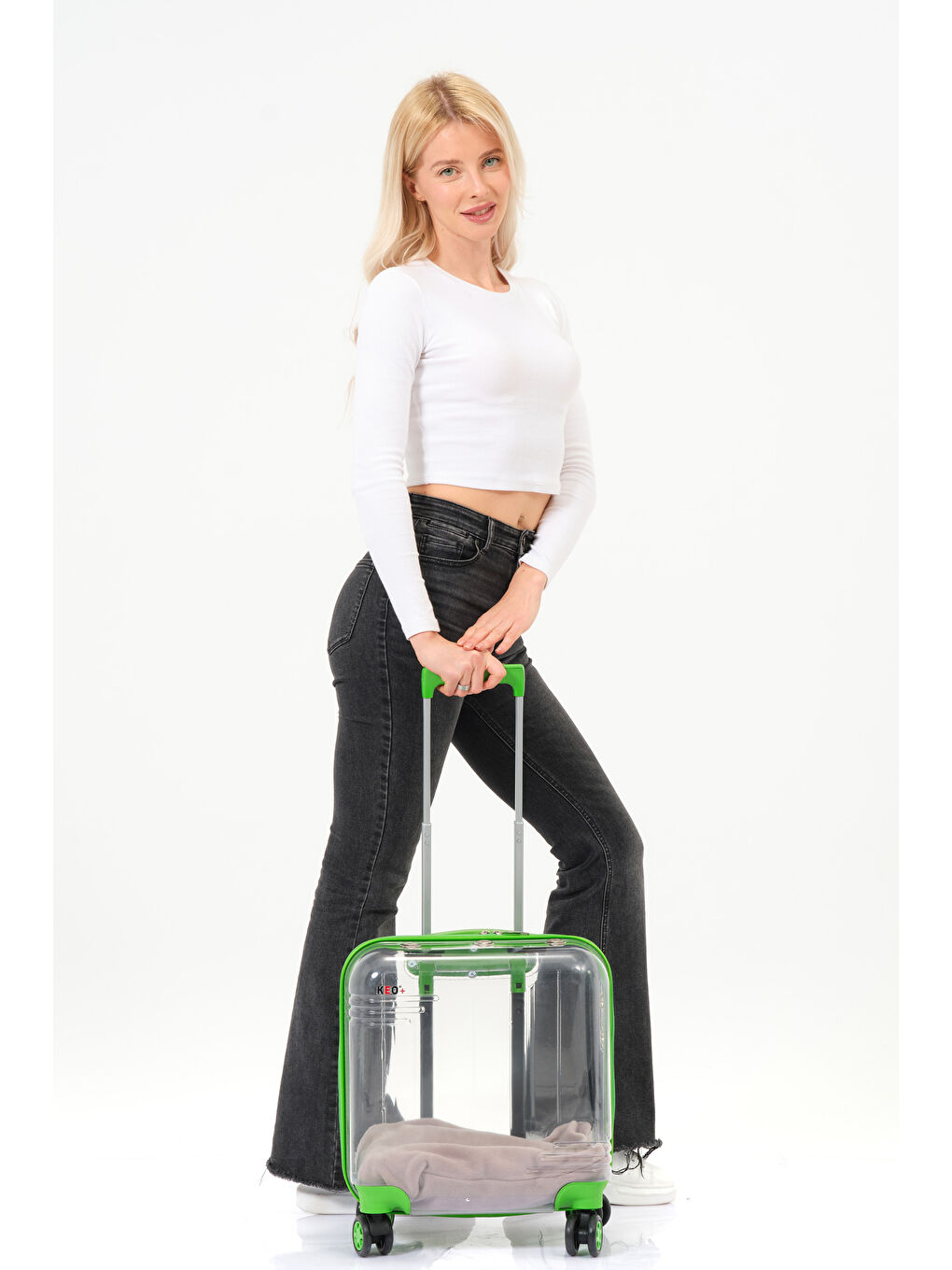 Şeffaf Evcil Hayvan Valizi Yeşil Aksesuarlı – 360° Döner Tekerlekli-10