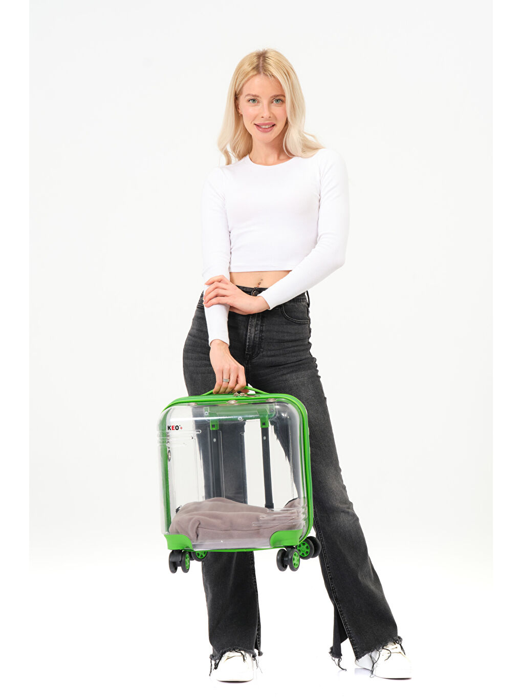 Şeffaf Evcil Hayvan Valizi Yeşil Aksesuarlı – 360° Döner Tekerlekli-11