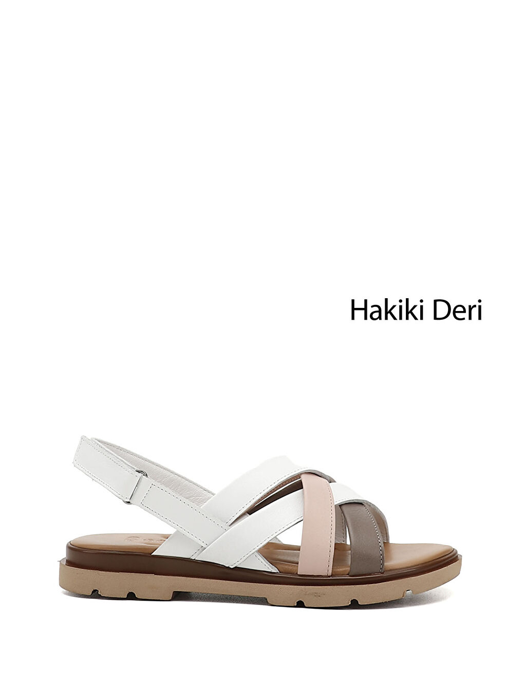 Beyaz Kadın BEYAZ-AÇIK GRİ Çapraz Bantlı Hakiki Deri Sandalet