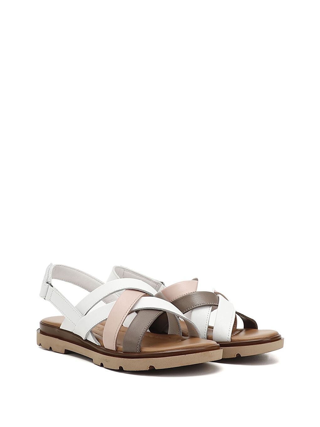 Beyaz Kadın BEYAZ-AÇIK GRİ Çapraz Bantlı Hakiki Deri Sandalet-1
