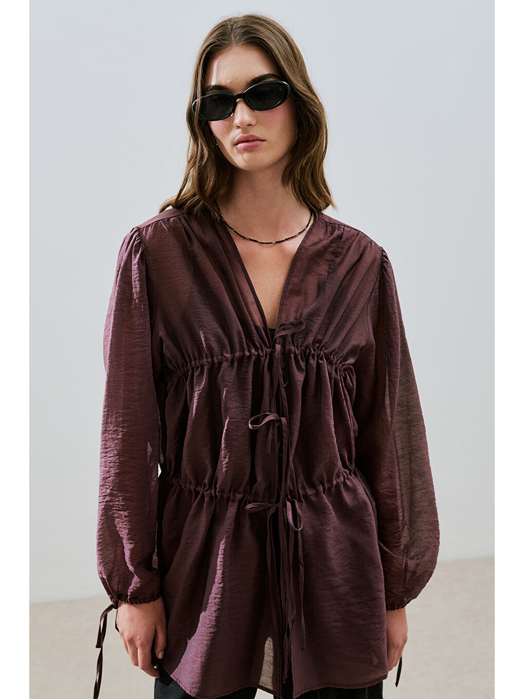 Büzgülü Bağlamalı Bluz Bordo-5