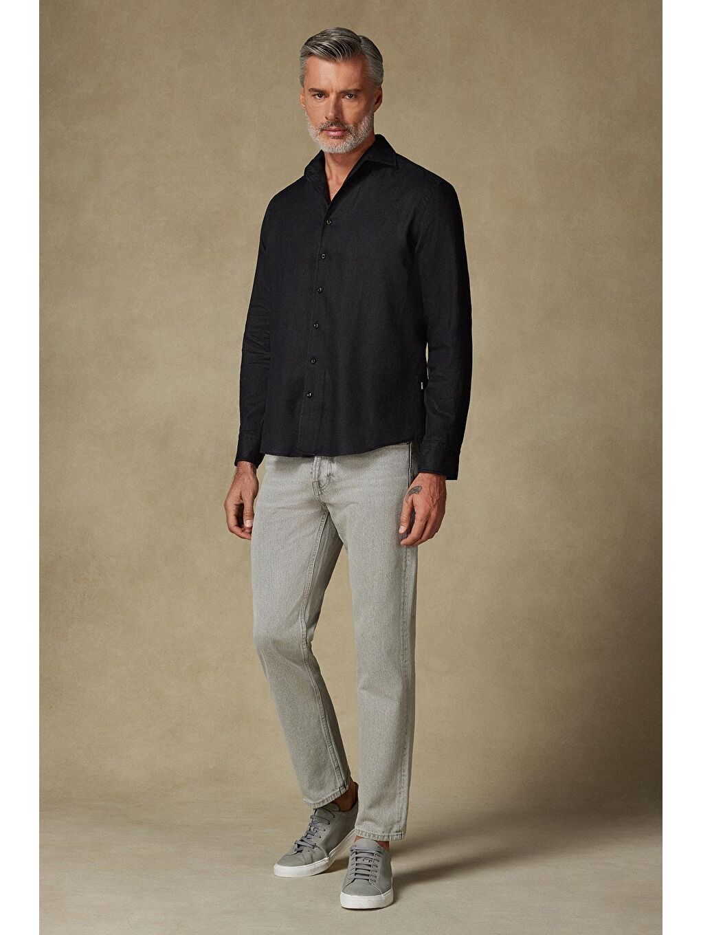 Bella Keten Comfort Fit Siyah Mostra Yaka Erkek Düz Gömlek-2