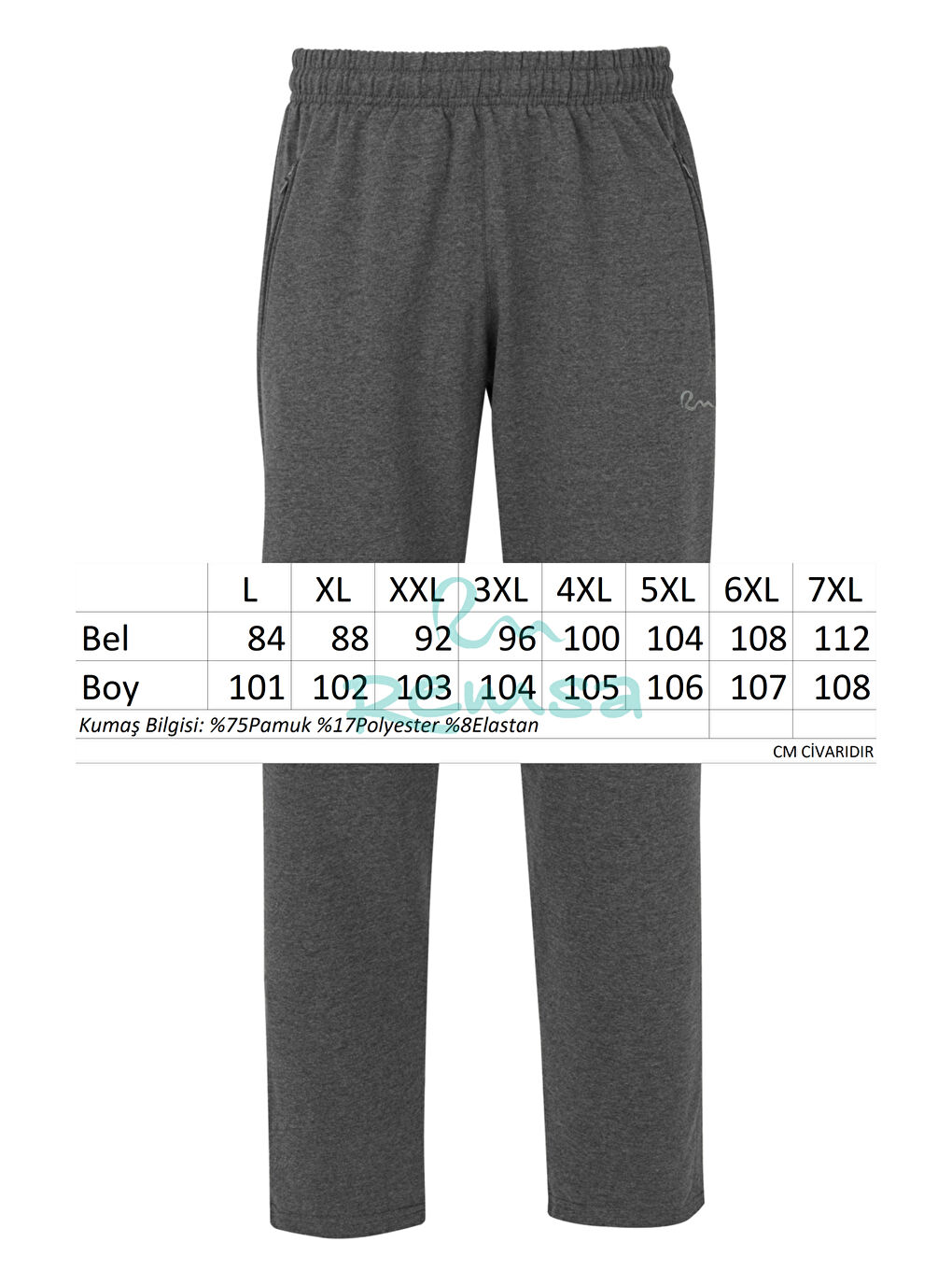Spor Erkek Büyük Beden Eşofman Altı 3 Cepli Fermuarlı REA-0705 Antrasit-2