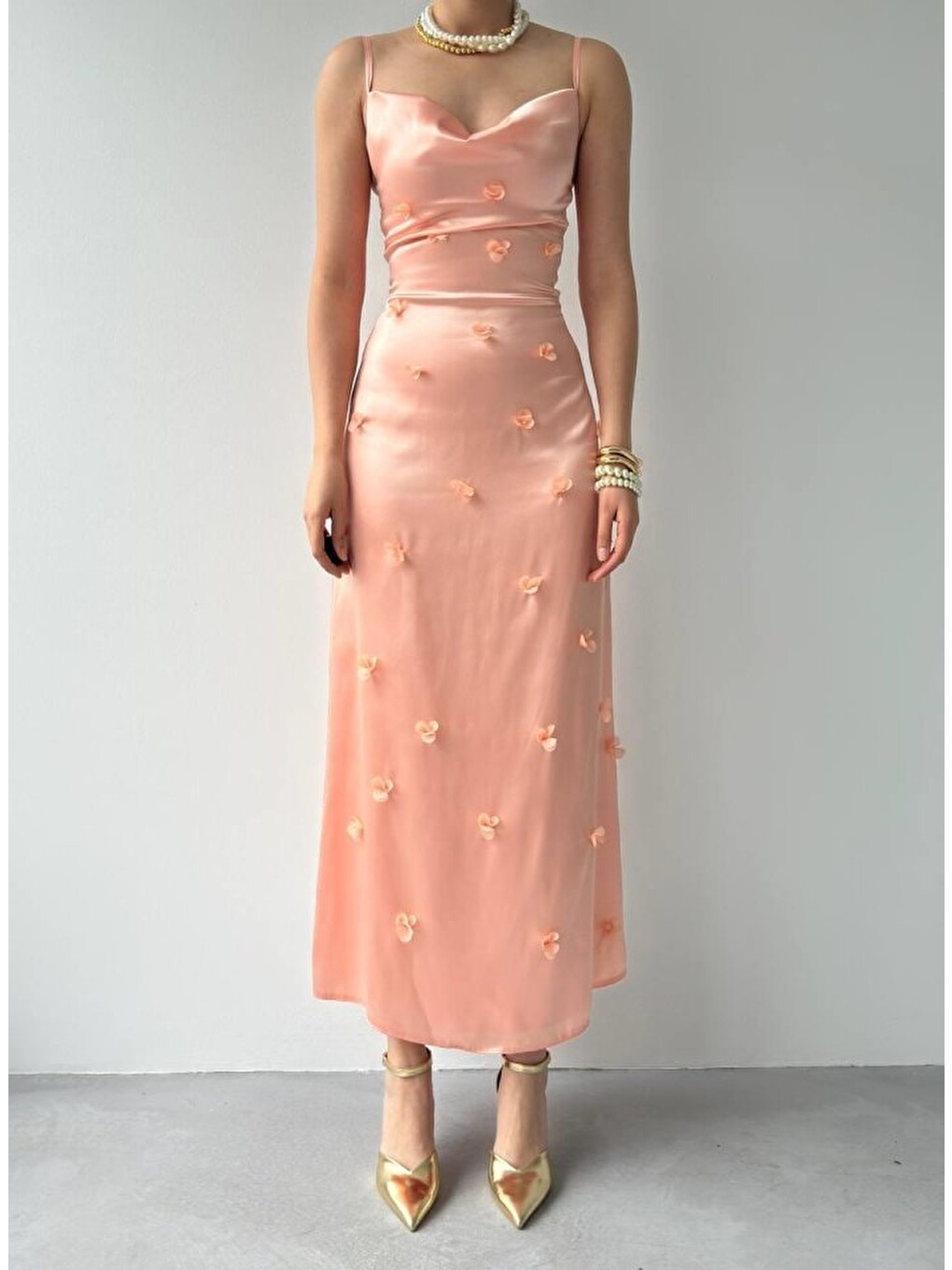 Pembe Dora Çiçek Detaylı Elbise-6