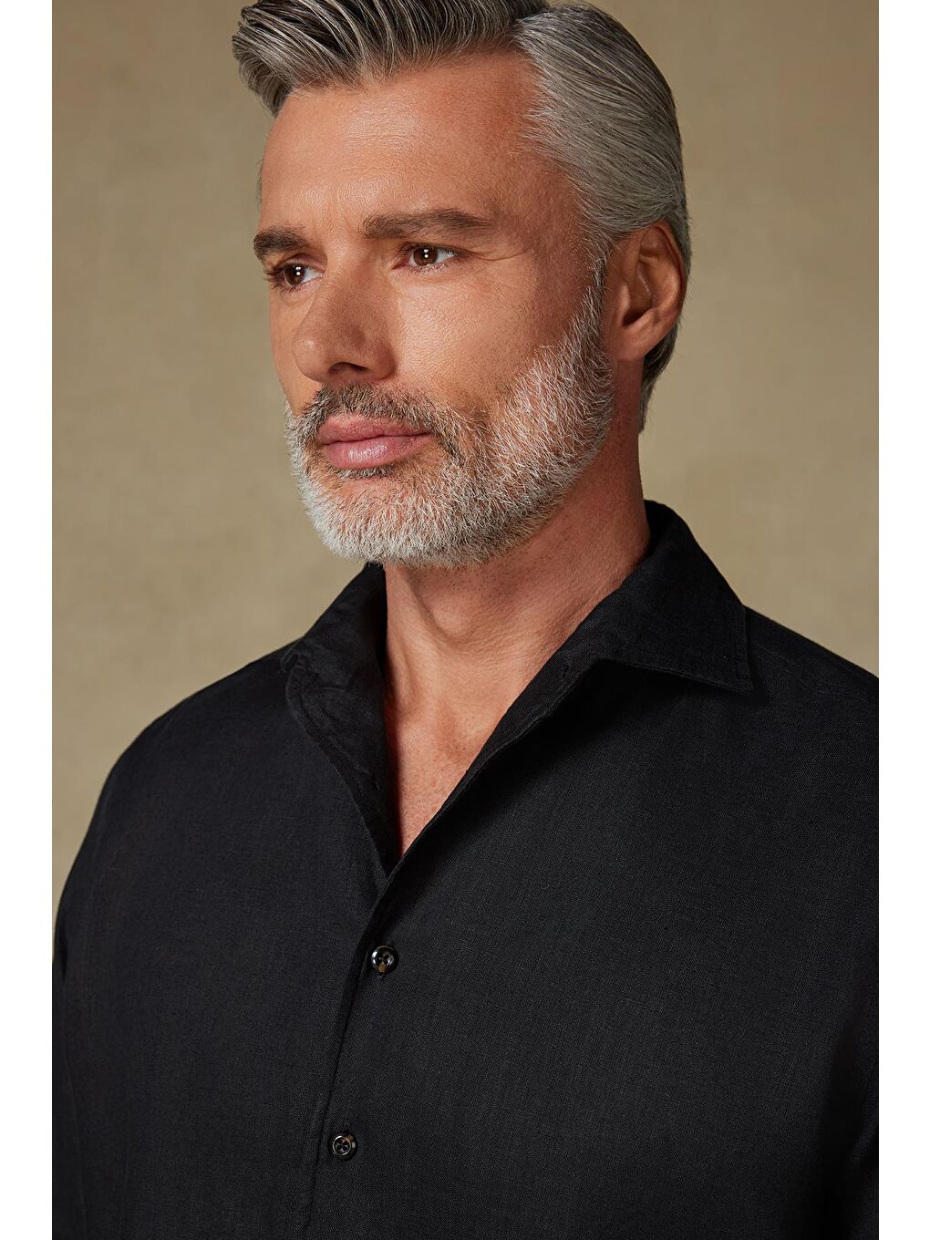 Bella Keten Comfort Fit Siyah Mostra Yaka Erkek Düz Gömlek-3