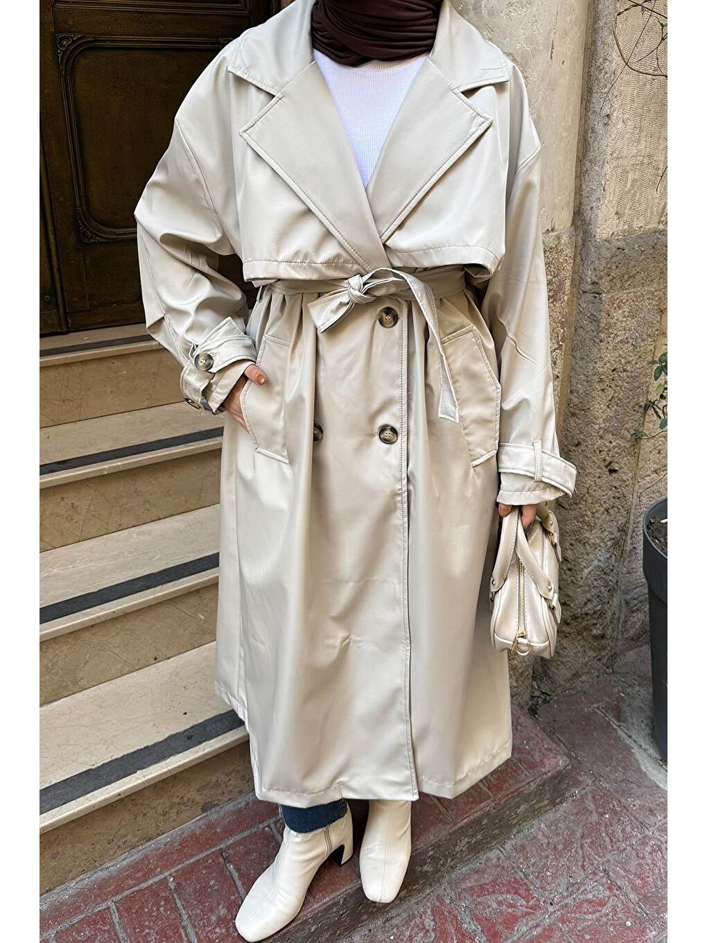 Bej Kruvaze Oversize Trenç Taş-2