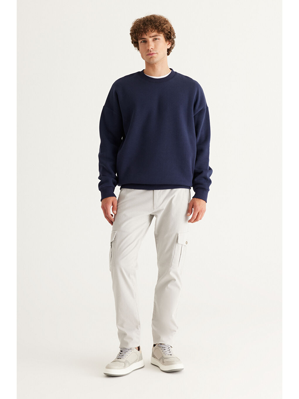 Erkek Lacivert Oversize Fit Bol Kesim Pamuklu İçi Polarlı Bisiklet Yaka Sweatshirt-1