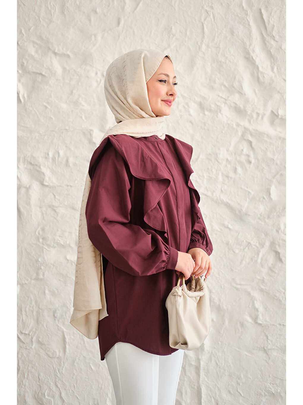 Kadın Gizli Düğme Detay Omuzdan Volanlı Gömlek Bordo-1