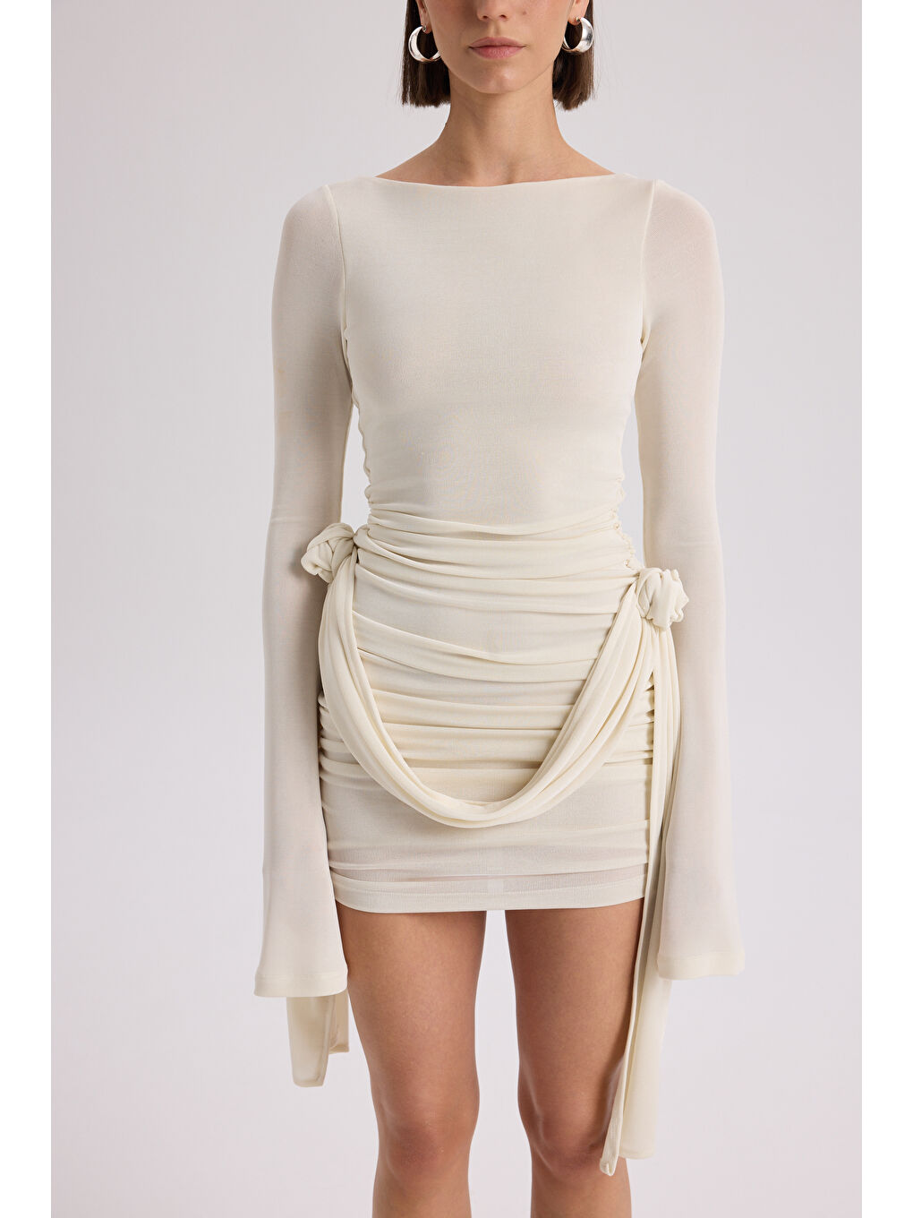 Avenya Gül Detay Ekru Mini Elbise-6