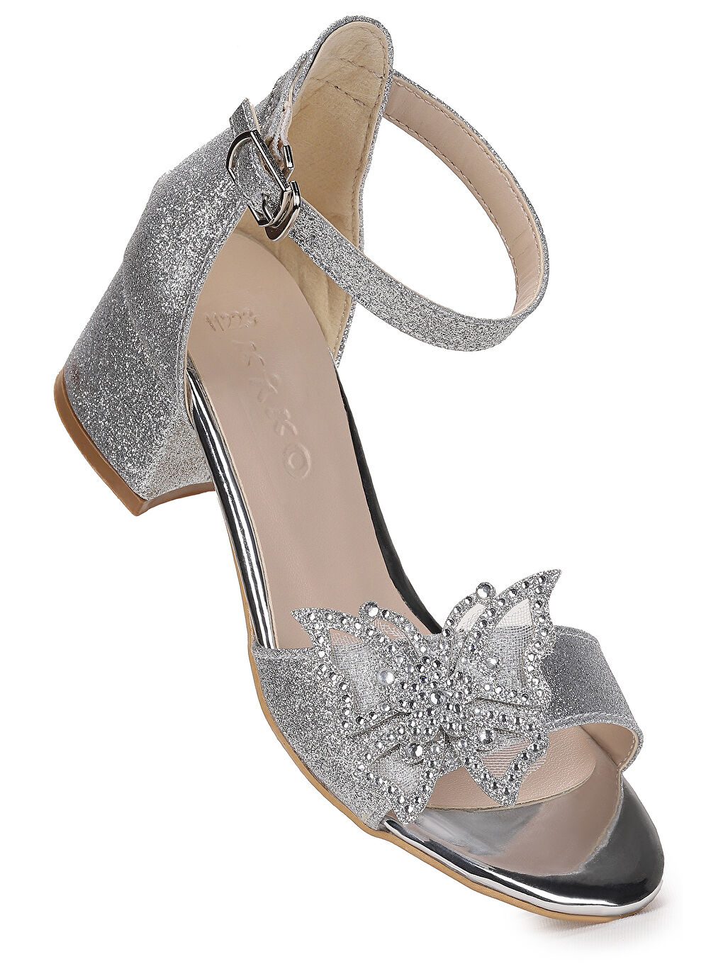 Gri Zete Kum Simli Kız Çocuk 4 Cm Topuklu Sandalet Abiye Ayakkabı