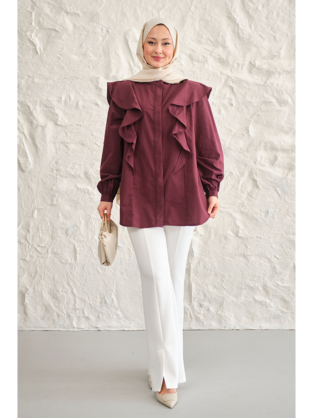 Kadın Gizli Düğme Detay Omuzdan Volanlı Gömlek Bordo-2