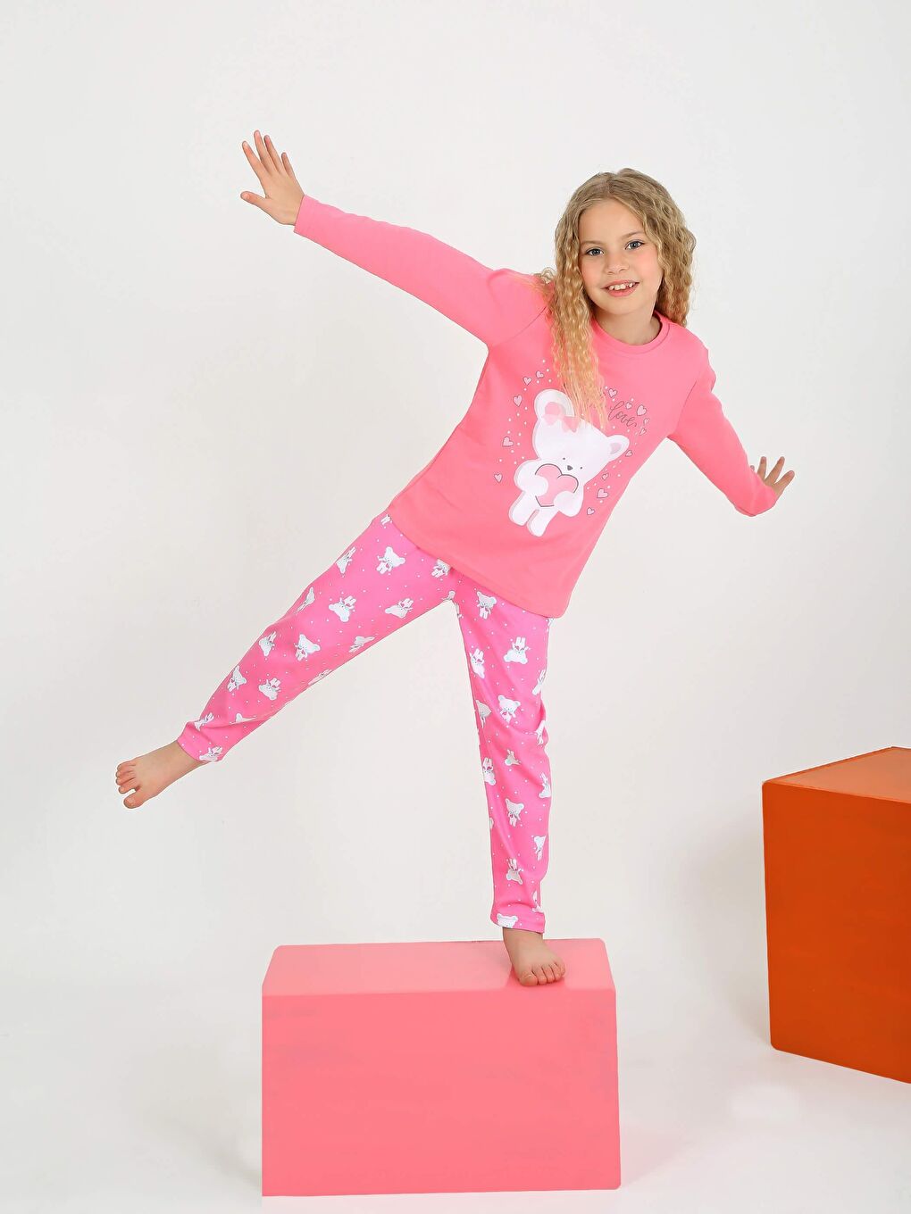 Fuşya Kız Çocuk Uzun Kollu Fiyonklu Ayıcık Model Pijama Takımı-2