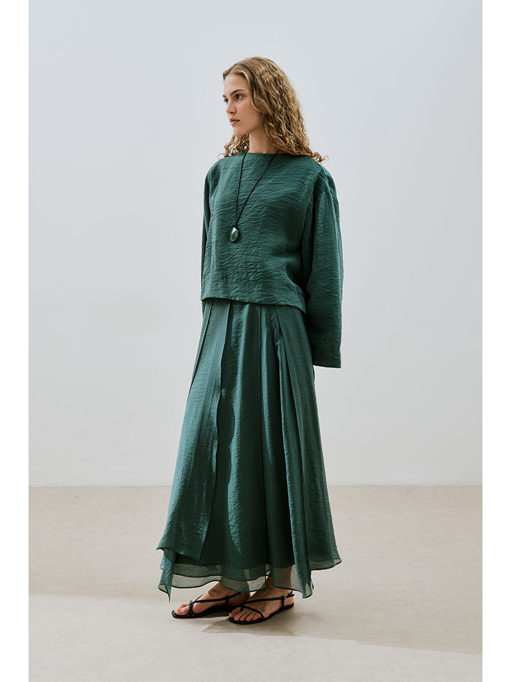 Geniş Kol Dökümlü Bluz Yeşil-3