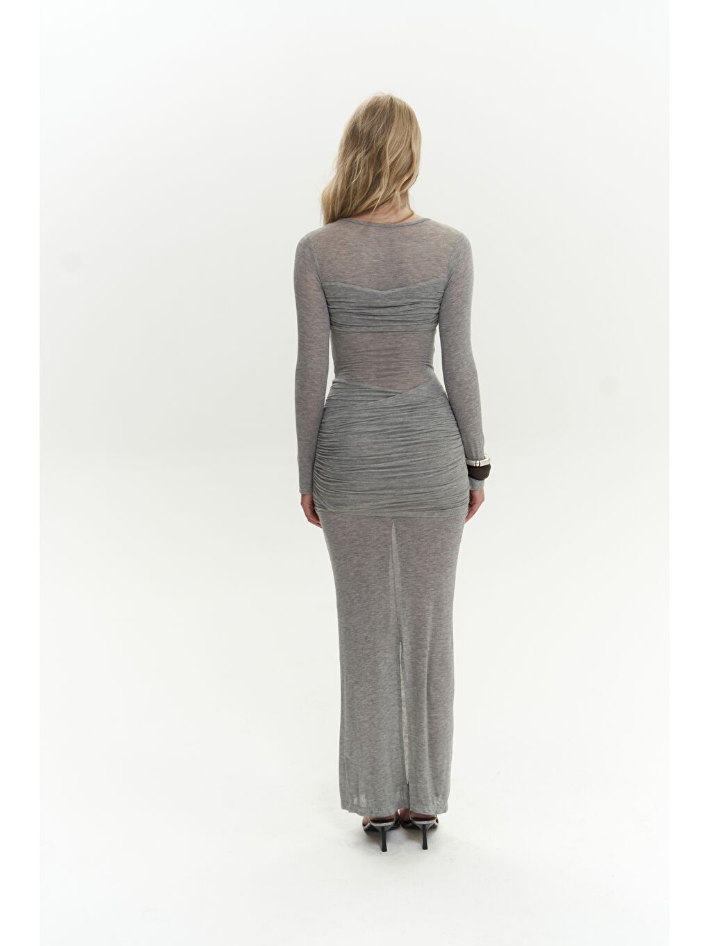 Mai Collection Samia Göğüs Detay Uzun Gri Elbise - 4