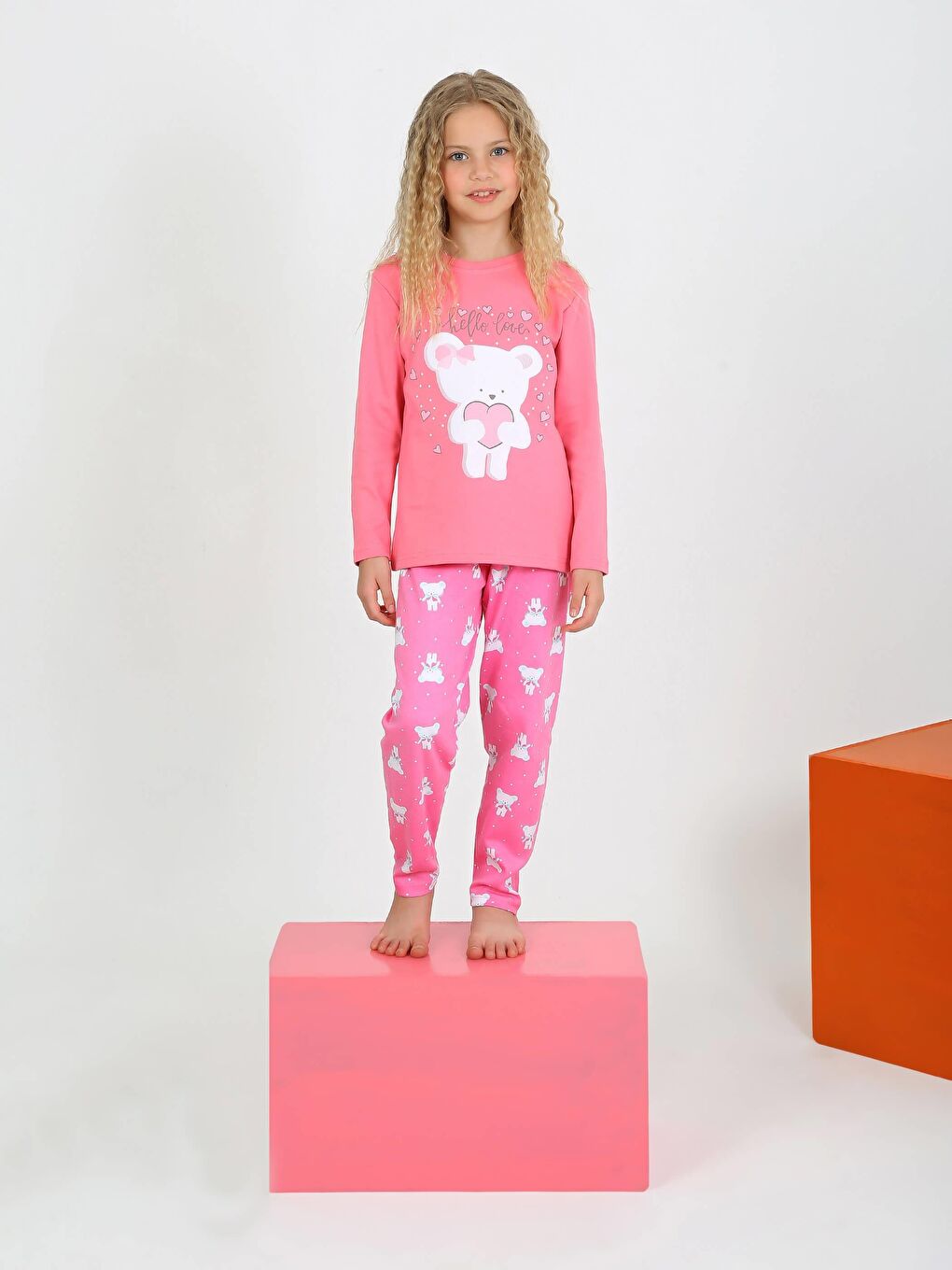 Fuşya Kız Çocuk Uzun Kollu Fiyonklu Ayıcık Model Pijama Takımı-3