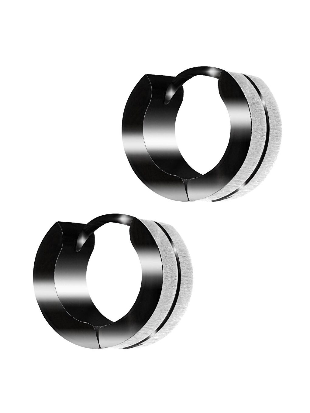 Gri Erkek Gümüş Renk Siyah Şerit Detaylı Çelik Küpe-1