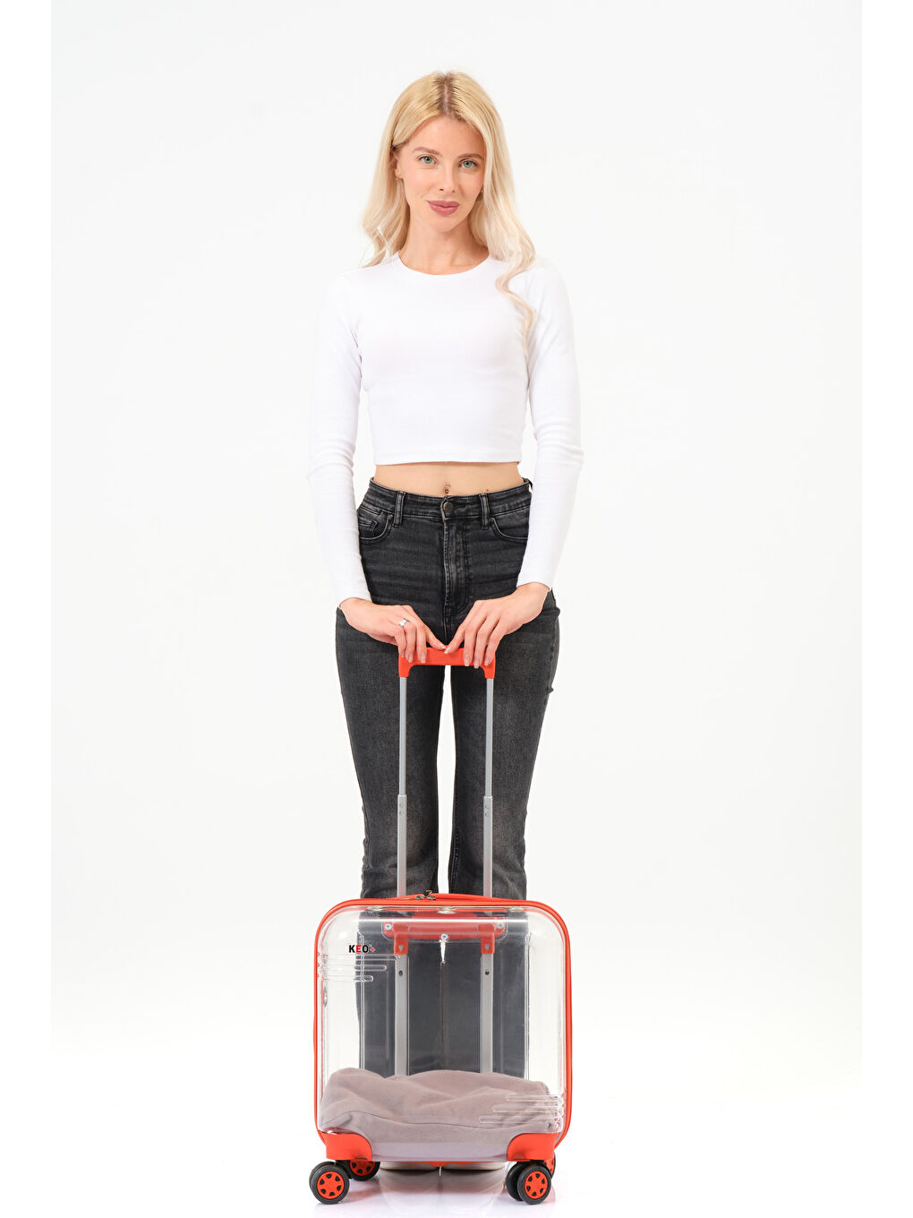 Şeffaf Evcil Hayvan Valizi Turuncu Aksesuarlı – 360° Döner Tekerlekli-4