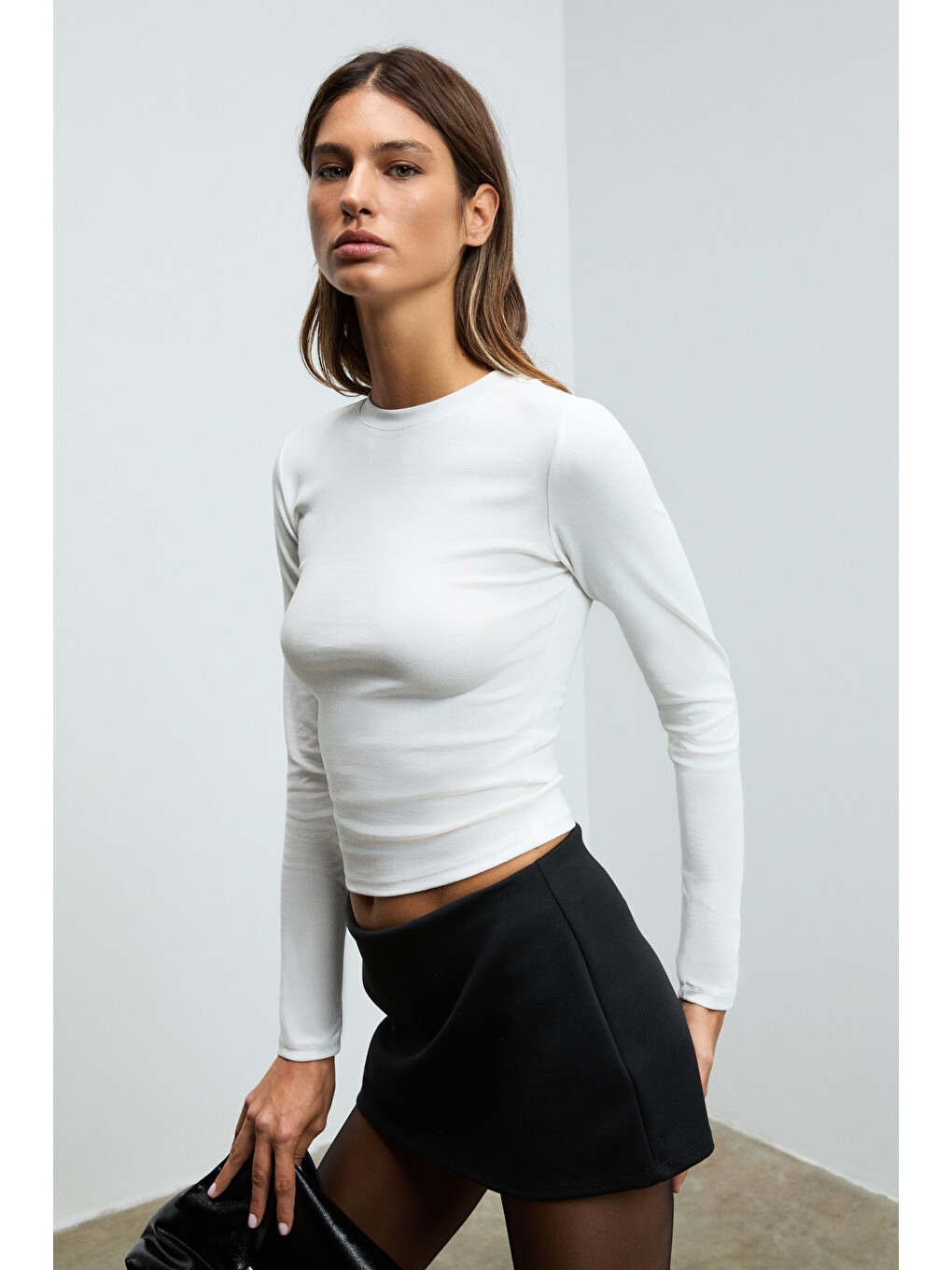 Beyaz GRIGROS Kadın Esnek Kumaşlı Vücuda Oturan Slim Fit Uzun Kollu BEYAZ T-Shirt-2