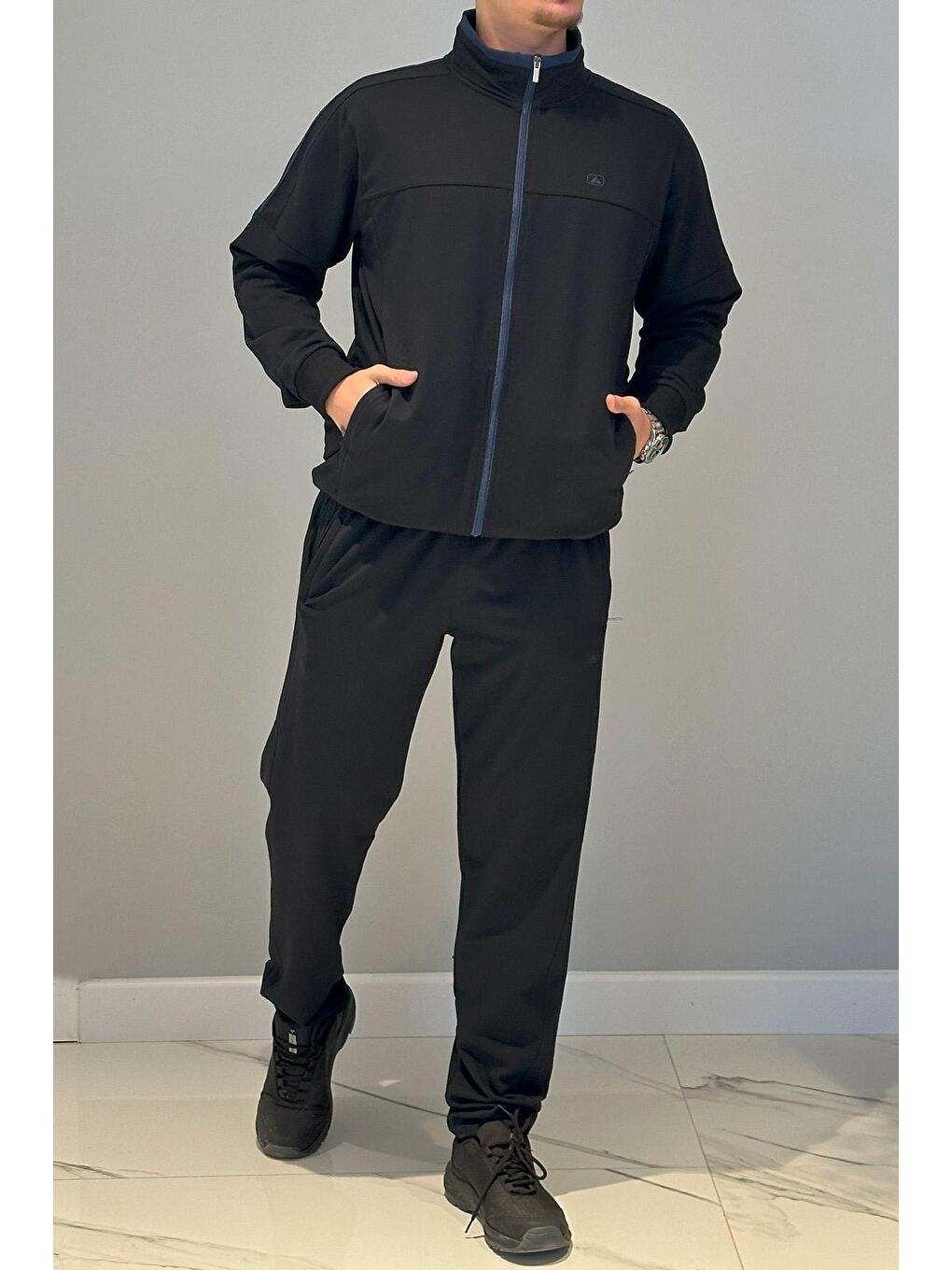 Erkek Likralı Penye Ribana Eşofman Takımı Lacivert-1