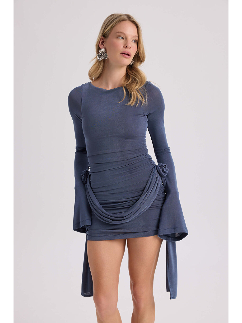Avenya Gül Detay İndigo Mini Elbise-6