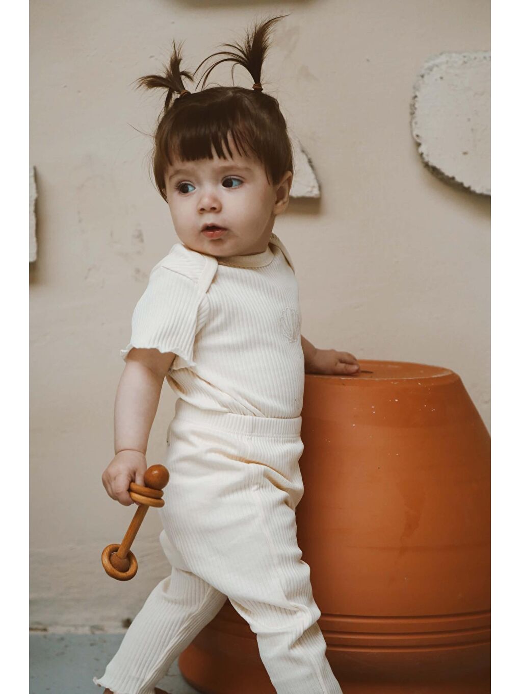 Ekru Deniz Kabuğu Nakışlı Fitilli Kısa Kollu Body Tayt Set-3