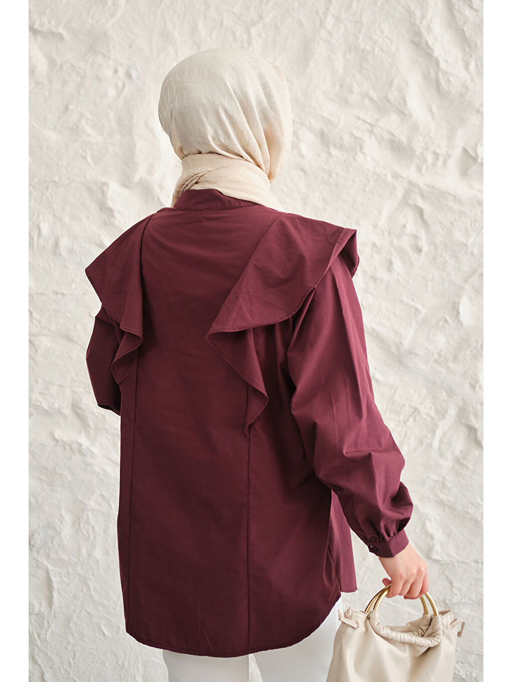 Kadın Gizli Düğme Detay Omuzdan Volanlı Gömlek Bordo-4
