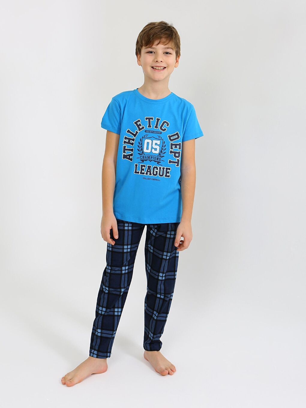 Turkuaz Erkek Çocuk Kısa Kollu %100 Pamuklu Pijama Takımı League-1