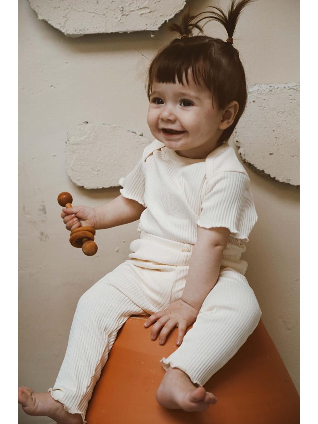 Ekru Deniz Kabuğu Nakışlı Fitilli Kısa Kollu Body Tayt Set-4