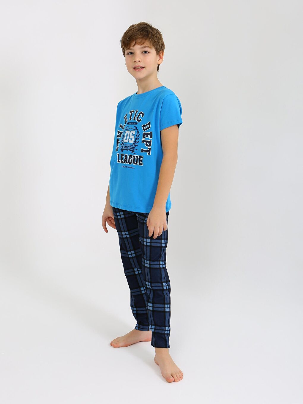 Turkuaz Erkek Çocuk Kısa Kollu %100 Pamuklu Pijama Takımı League-2