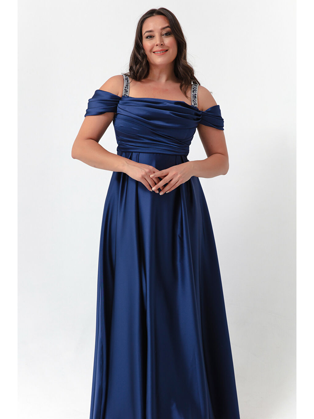 Kadın Lacivert Taş Askılı Drapeli Büyük Beden Uzun Abiye Elbise-2