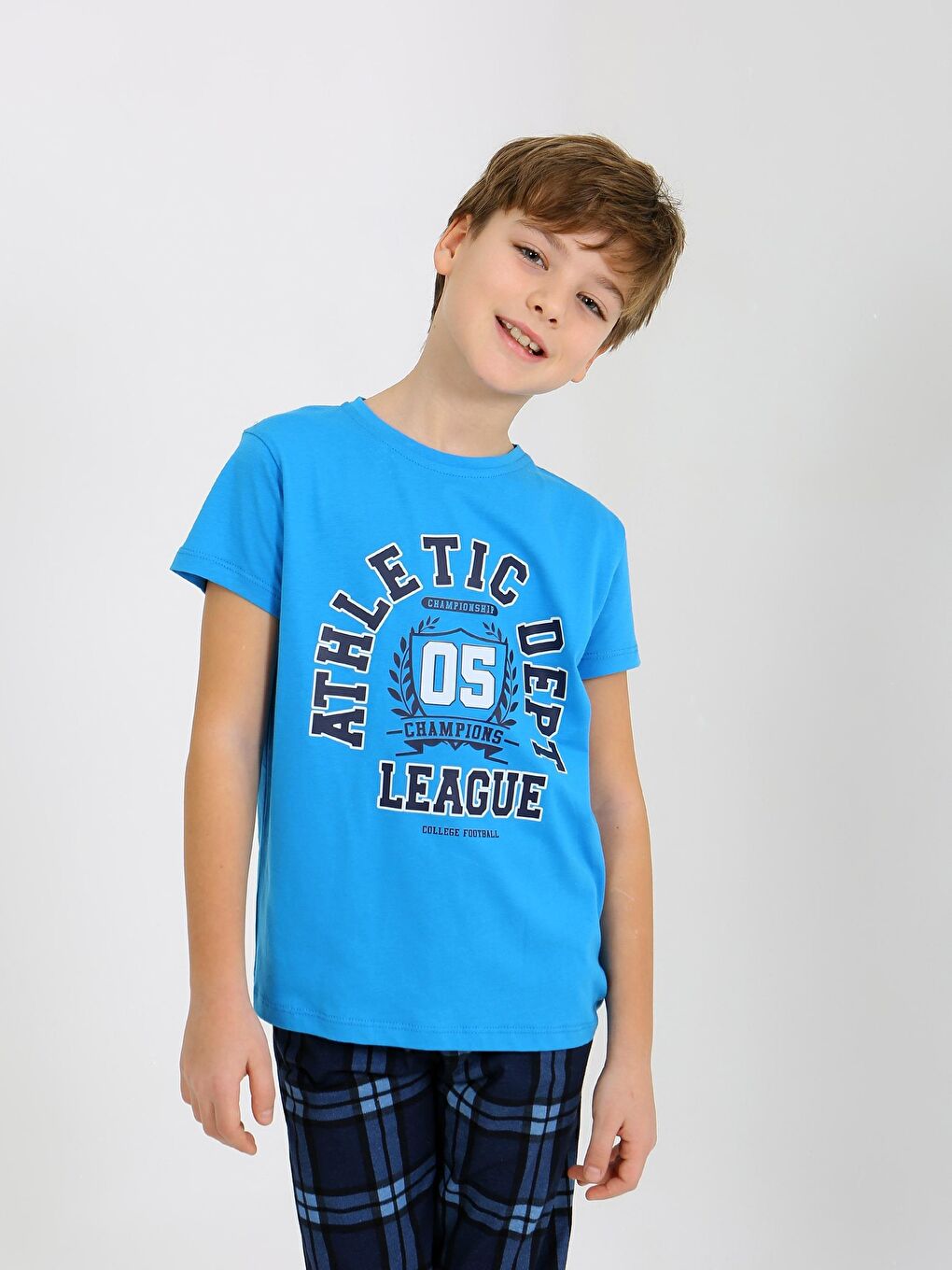 Turkuaz Erkek Çocuk Kısa Kollu %100 Pamuklu Pijama Takımı League-3