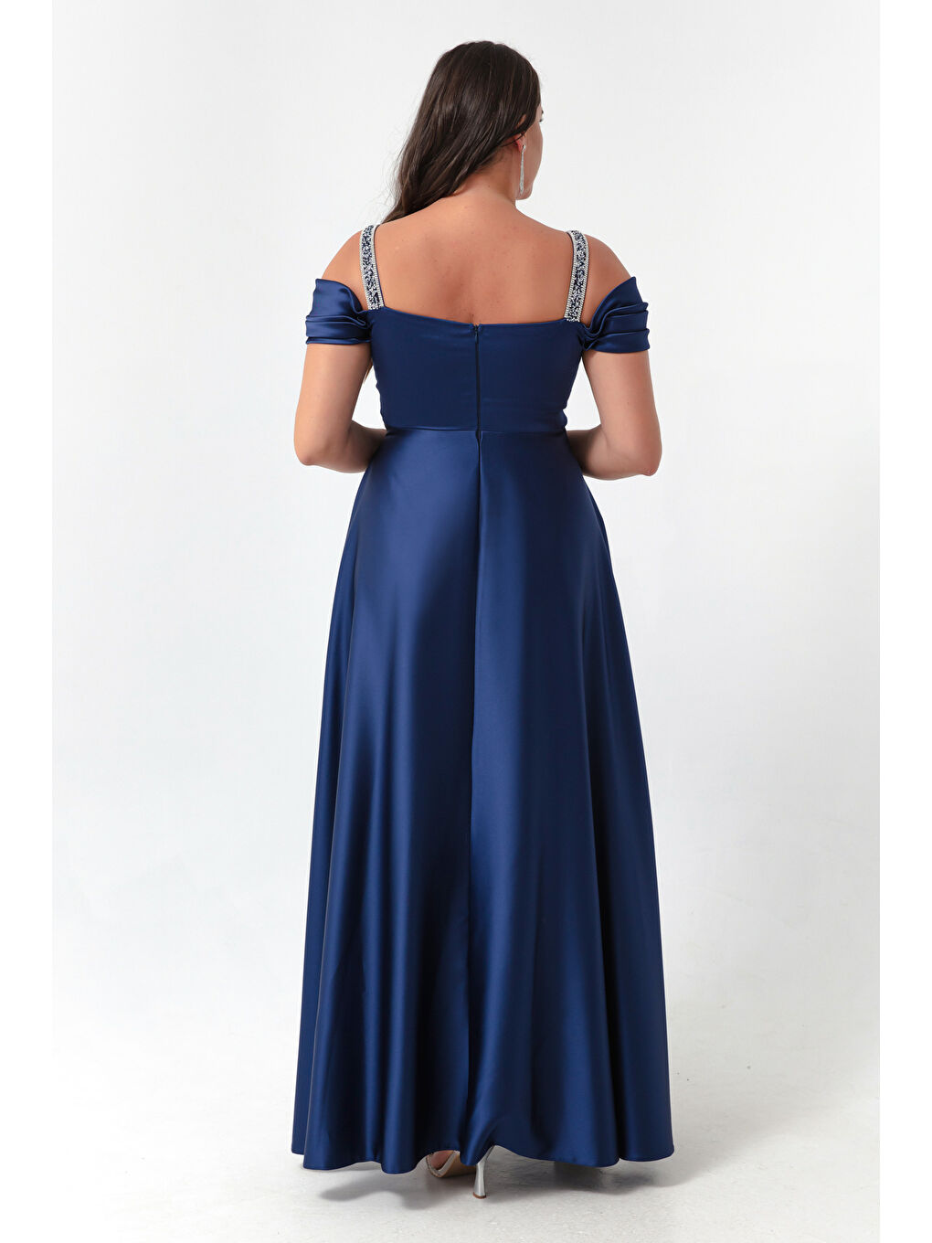 Kadın Lacivert Taş Askılı Drapeli Büyük Beden Uzun Abiye Elbise-4