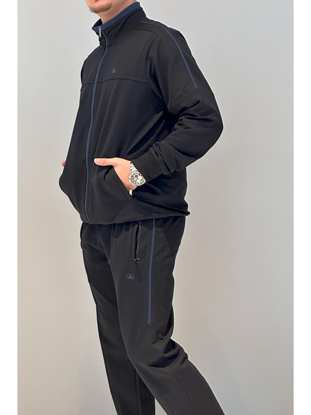 Erkek Likralı Penye Ribana Eşofman Takımı Lacivert-2