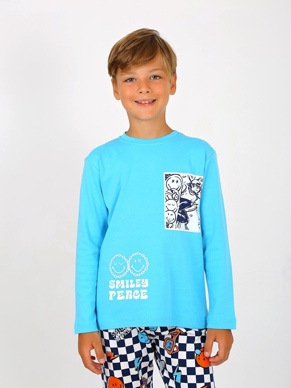 Turkuaz Erkek Çocuk Uzun Kollu %100 Pamuklu Pijama Takımı Peace