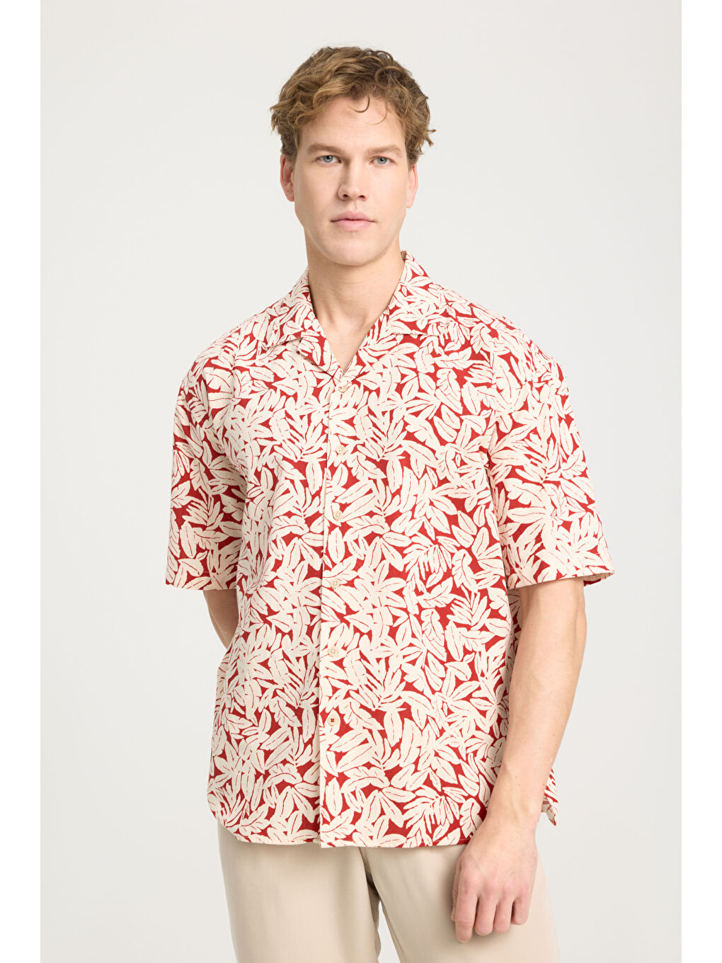 Karışık Relaxed Fit Geniş Kesim Kısa Kollu %100 Pamuk Çok Renkli Kırmızı Gömlek