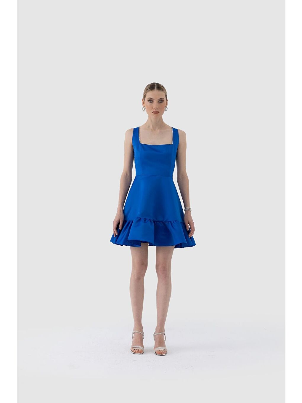 Lacivert Kare Yaka Kolsuz DizÜstü Etek Fırfırlı Mat Saten Kadın Elbise-2