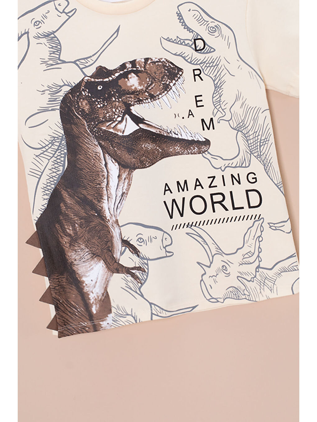 Ekru Krem Dinozor Baskılı Bisiklet Yaka Erkek Bebek Tişört 20948-1