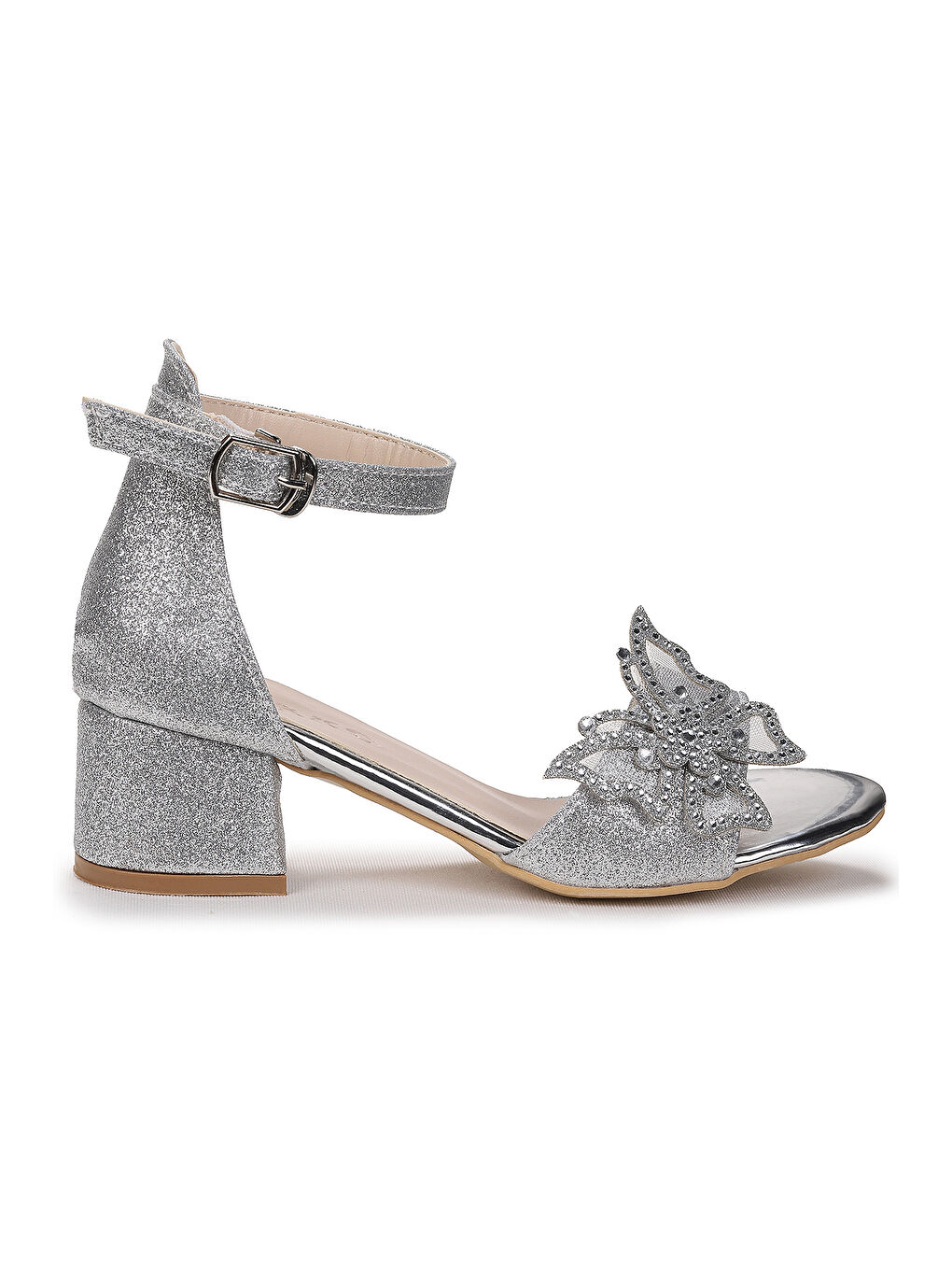 Gri Zete Kum Simli Kız Çocuk 4 Cm Topuklu Sandalet Abiye Ayakkabı-2