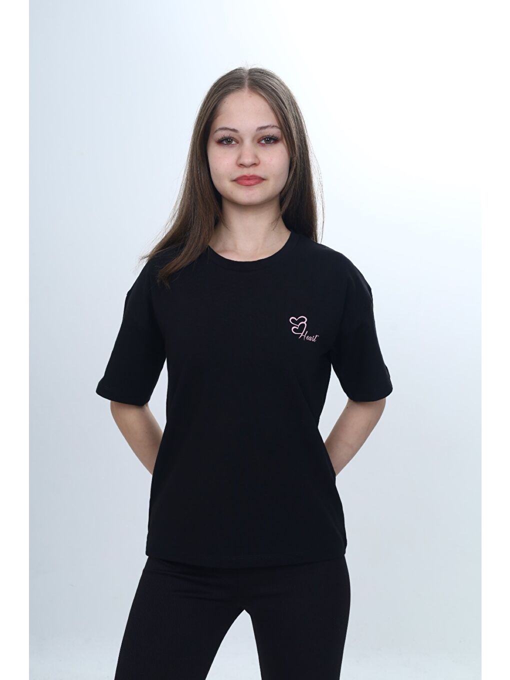 Siyah Kız Çocuk Baskılı Bisiklet Yaka Kısa Kollu Tişört 24970