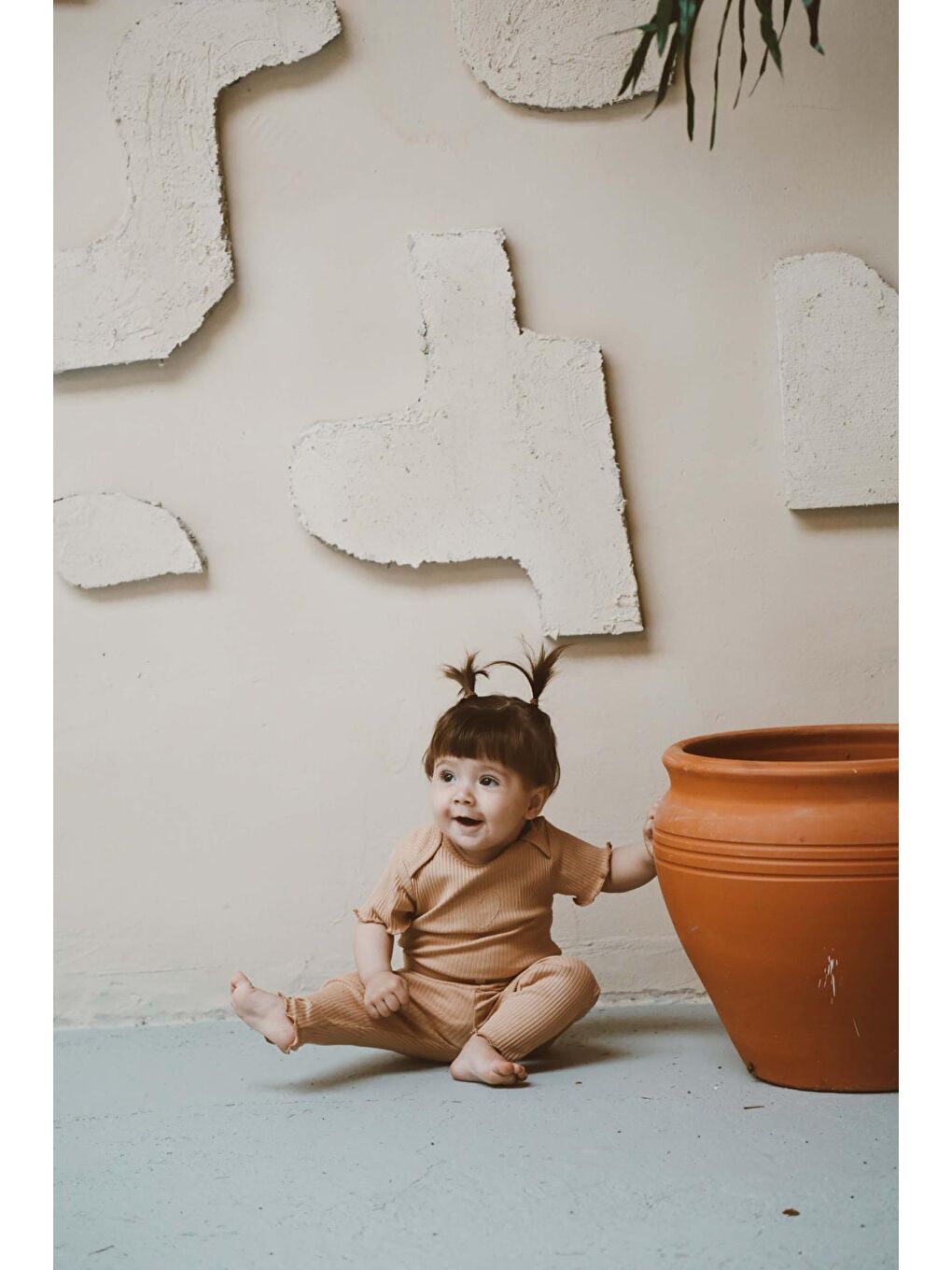 Bej Kalp Nakışlı Fitilli Kısa Kollu Body Tayt Set-2