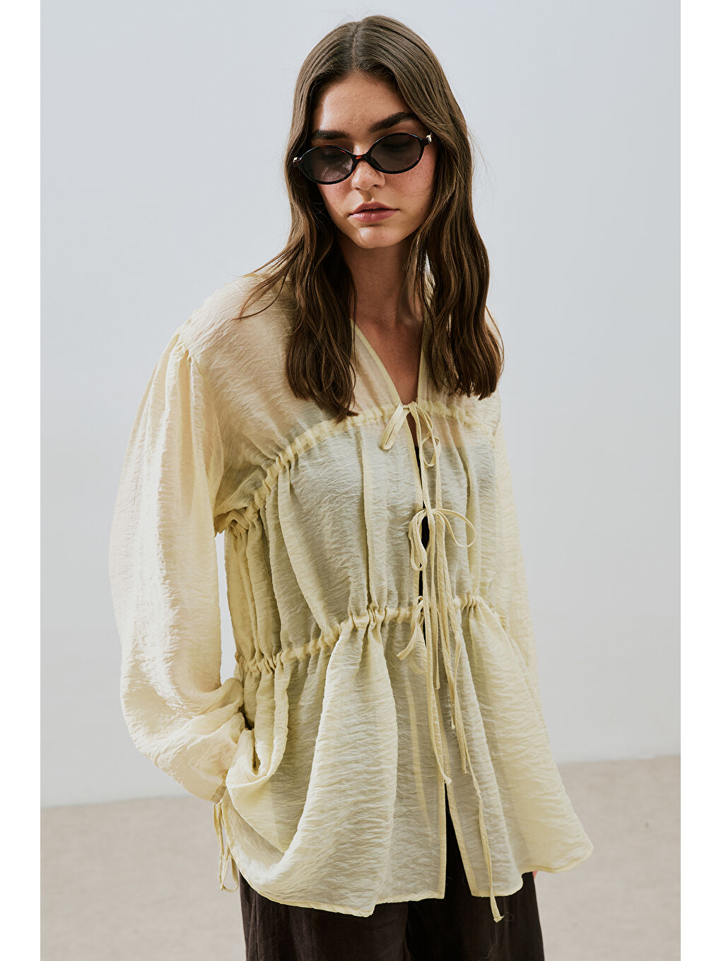 Büzgülü Bağlamalı Bluz Soft Sarı-1